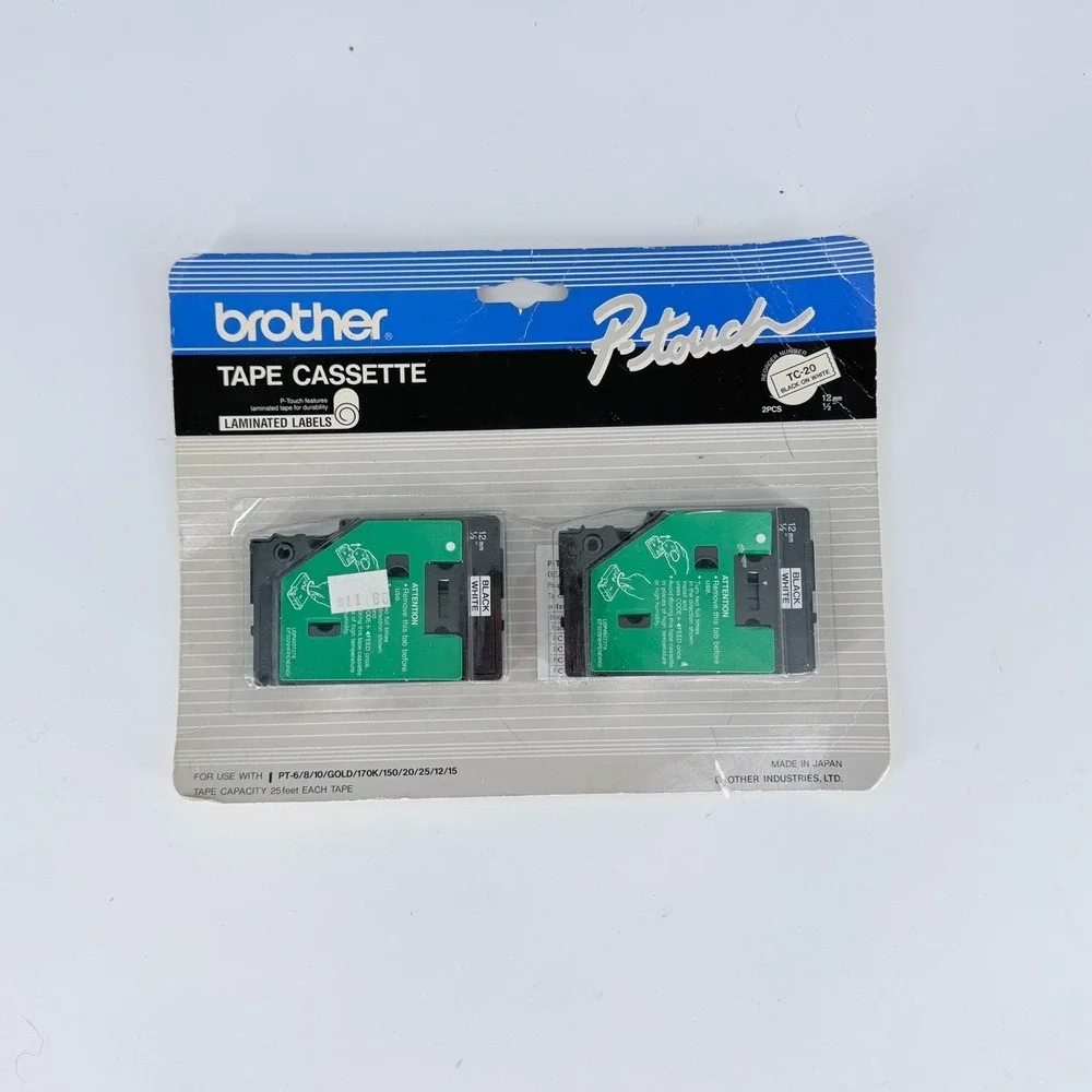 Brother P Touch TC-20 Tape Cassette Black on White 12mm 2 Pack